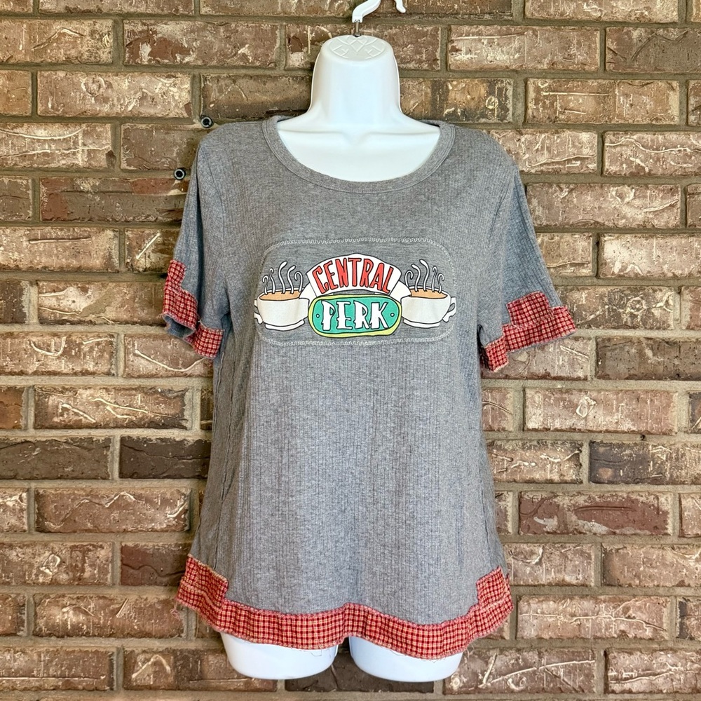 Upcycled Friends Central Perk Tee Plaid Trim Patchwork Gray Top - Picture 2 of 9